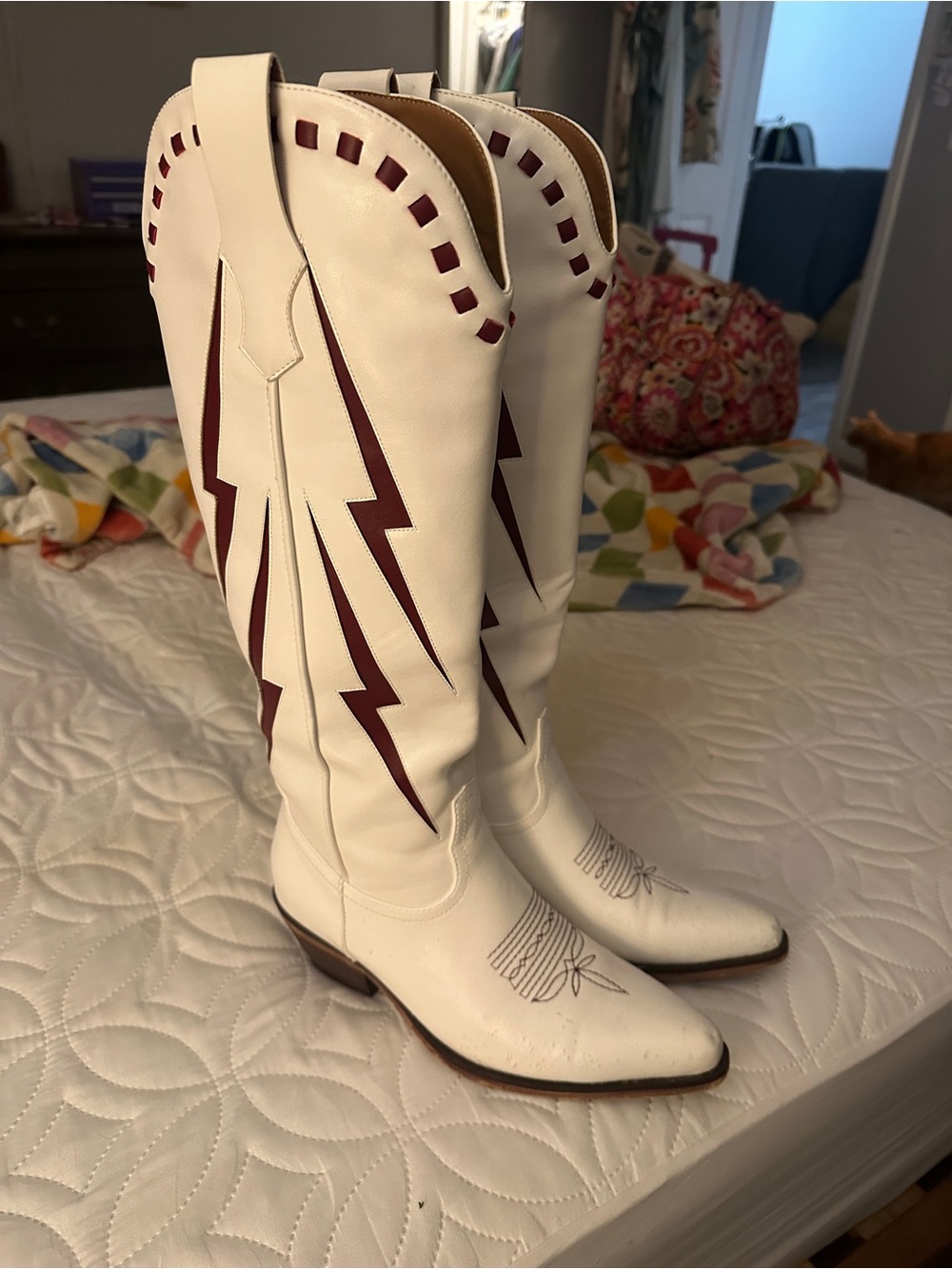 White and Burgundy Women's Marfa Cowboy Boots